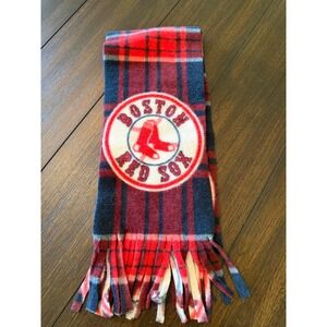 Boston Red Sox MLB Fleece Scarf Red Navy Blue Plaid Logo Fringe Fan Gear